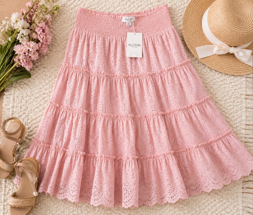 Allison New York NWT Large Eyelet Tiered Midi Skirt Smocked Waist Cottagecore